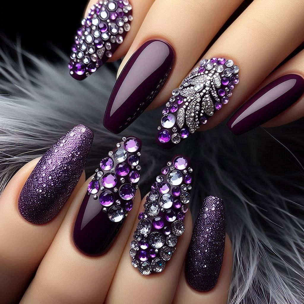 Purple Nails with Rhinestones