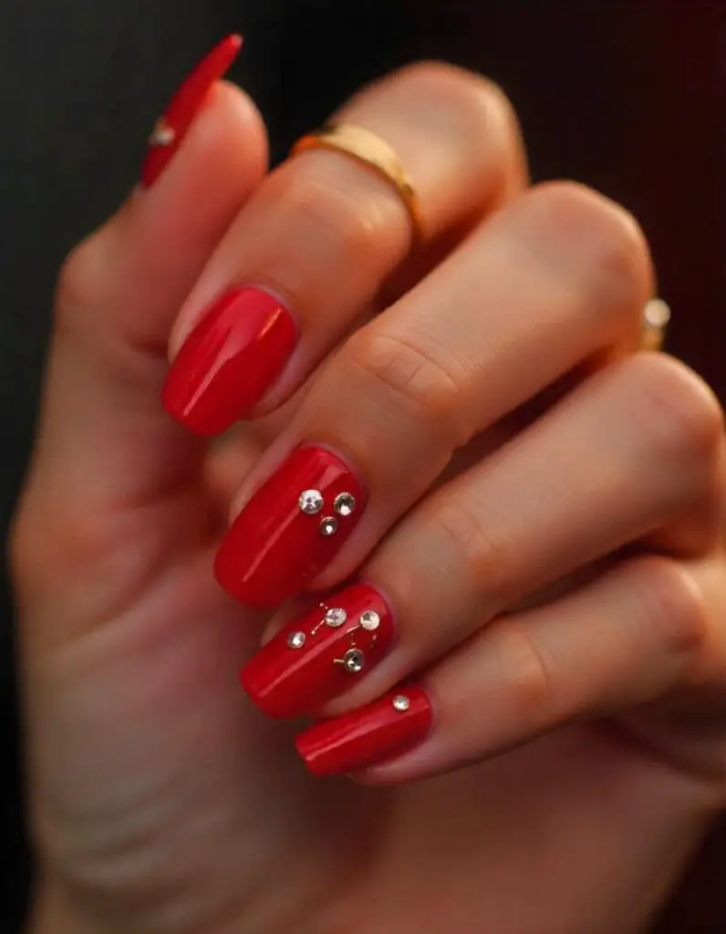 Stunning Red Nails with Rhinestones