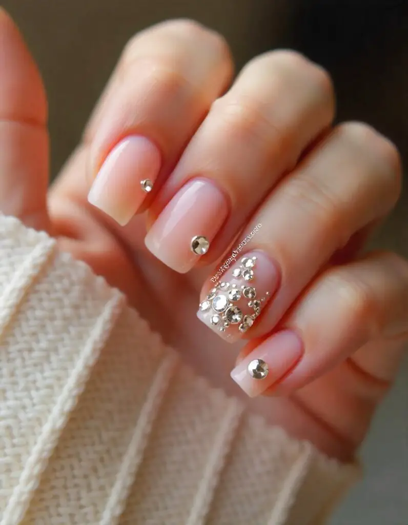 Short Nails Sparkling with Rhinestones