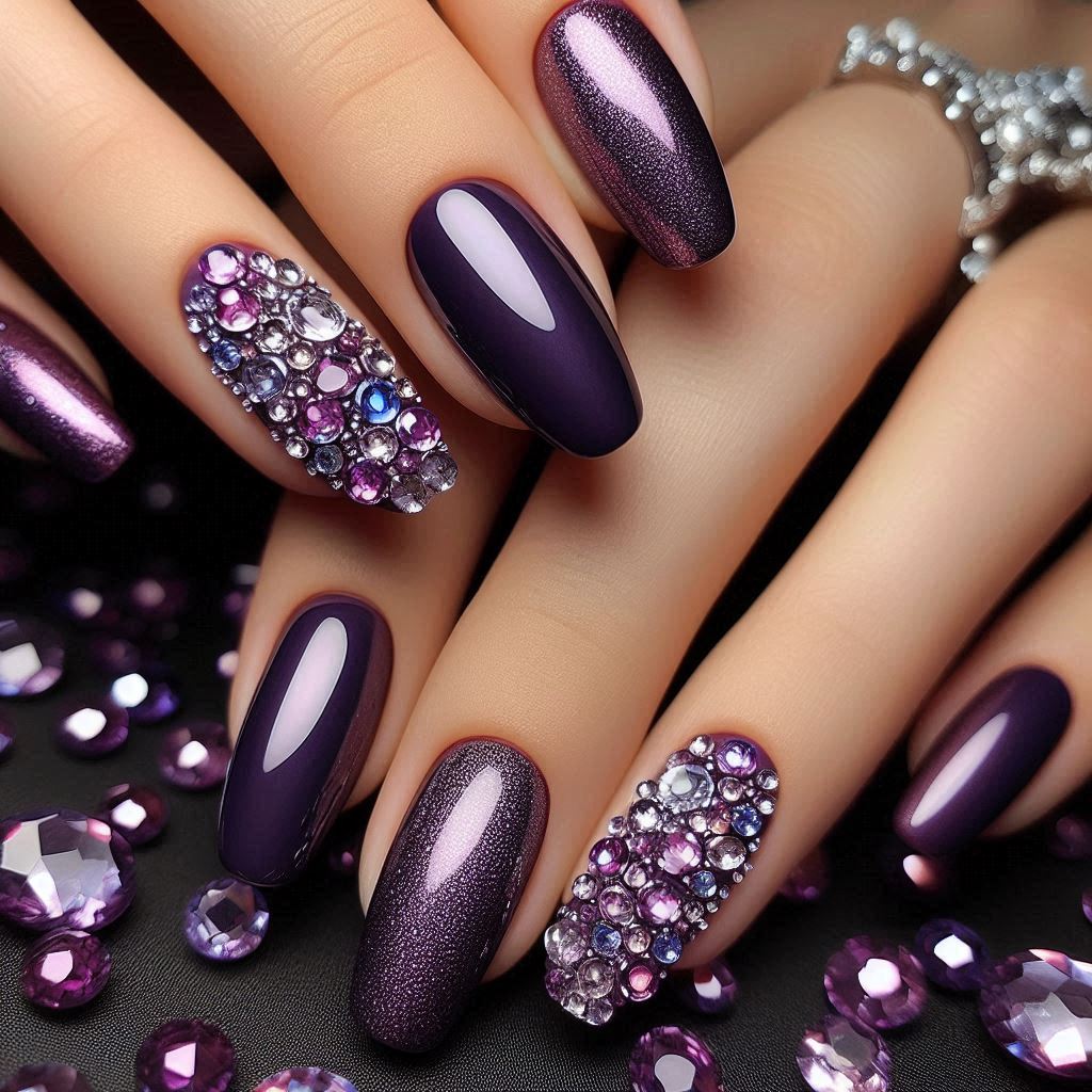 Purple Nails with Rhinestones