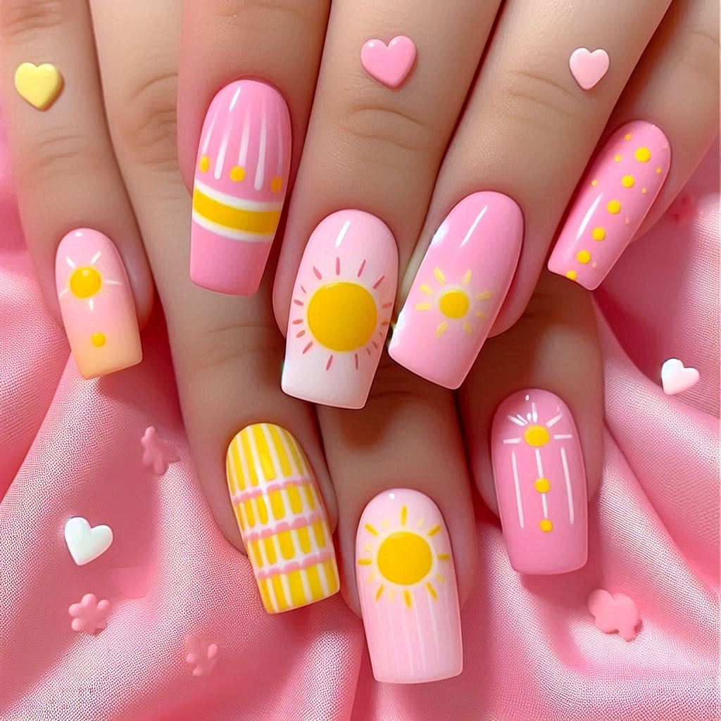Pink & Yellow Sunshine Nails