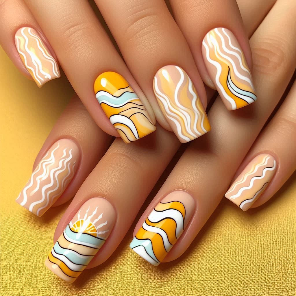 Wavy Sunshine Nail Art design